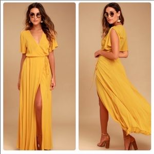 Lulu’s Much Obliged Yellow Wrap Maxi Dress Medium